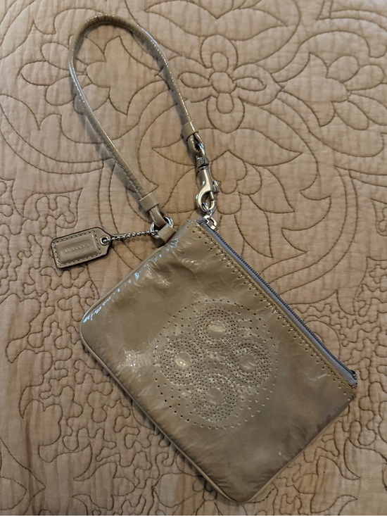 Coach Handbags - Coach Beige Taupe Patent Leather Wristlet Pouch Coin Purse